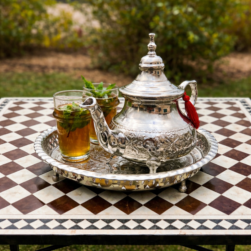 Handgefertigtes marokkanisches Teekannen-Set – Authentische Fassi-Teekanne aus Messing mit graviertem Tablett und 2 traditionellen Gläsern