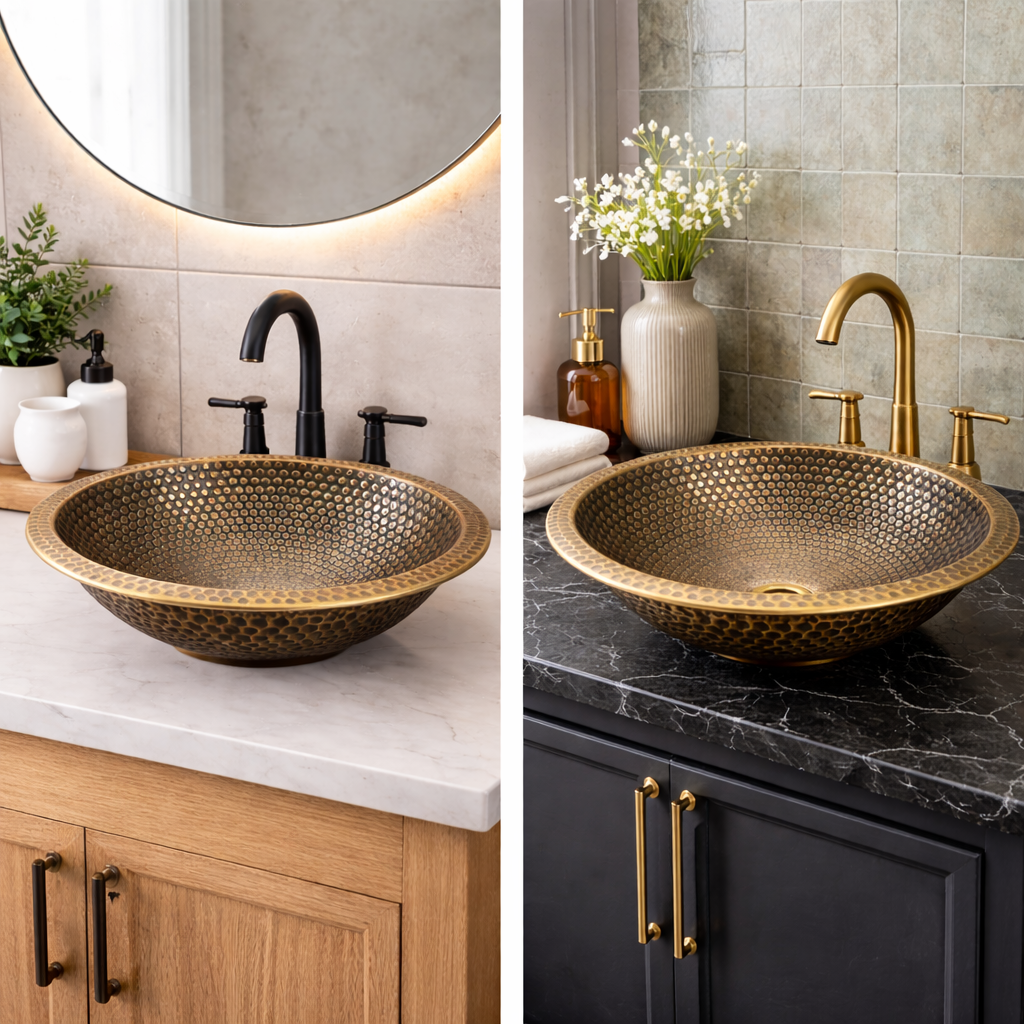 Handgefertigtes marokkanisches Aufsatzwaschbecken aus gehämmertem Messing mit passendem Abfluss – Rund, Antikmessing