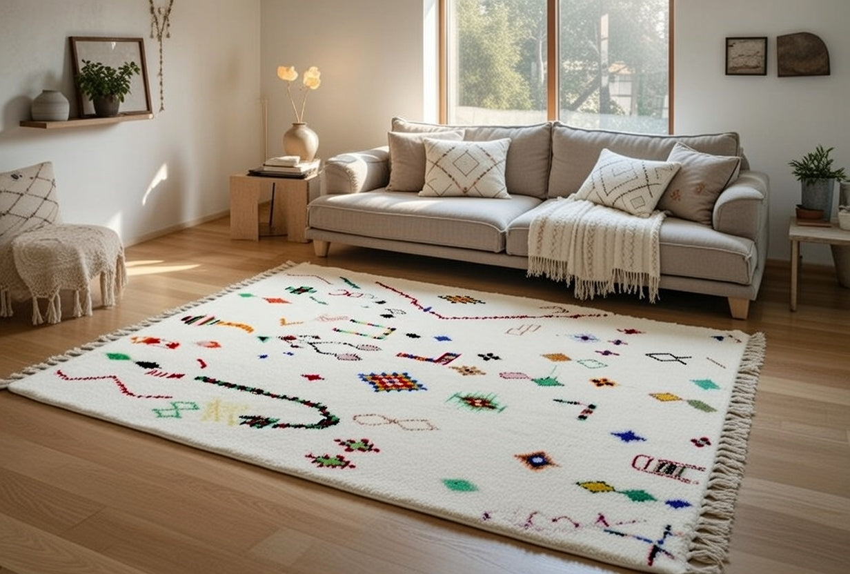 Handgewebter, farbenfroher Beni-Ourain-Teppich – authentischer marokkanischer Berberwollteppich
