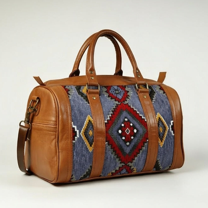 Authentische, handgefertigte marokkanische Kilim-Ledertasche – Boho-Wochenendtasche