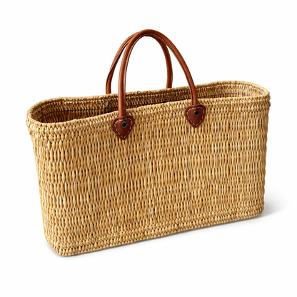 Handgefertigter marokkanischer Marktkorb mit Ledergriffen – Authentische Strandtasche aus Palmblattstroh