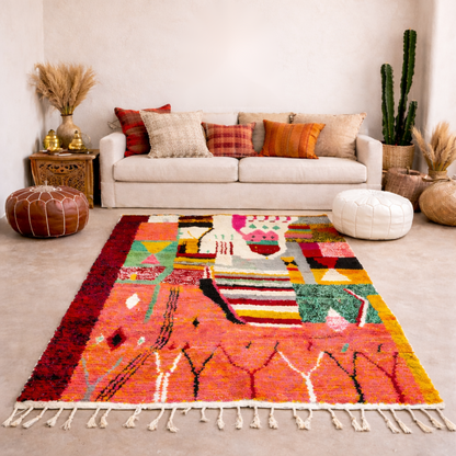 Colorful Moroccan Berber Wool Rug – Hand-Knotted Boho Area Rug with Tassels