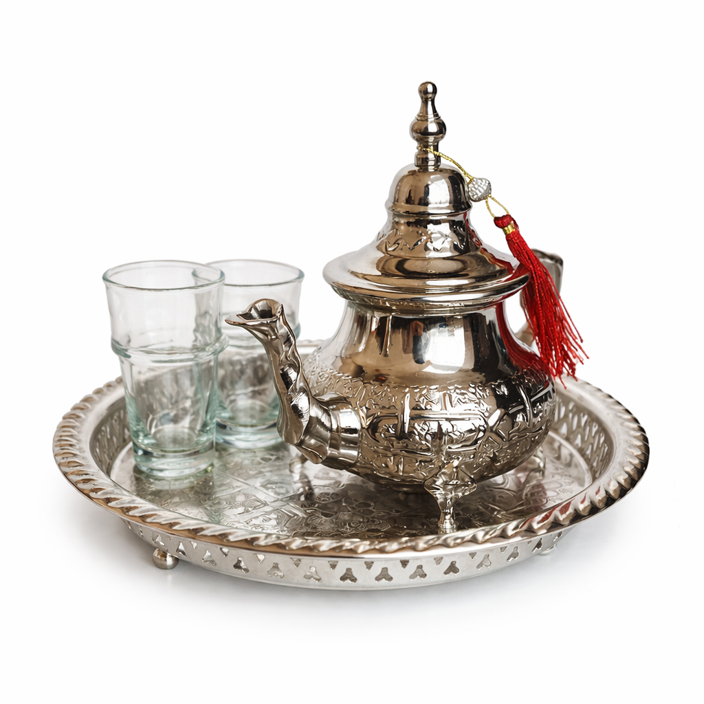 Handgefertigtes marokkanisches Teekannen-Set – Authentische Fassi-Teekanne aus Messing mit graviertem Tablett und 2 traditionellen Gläsern