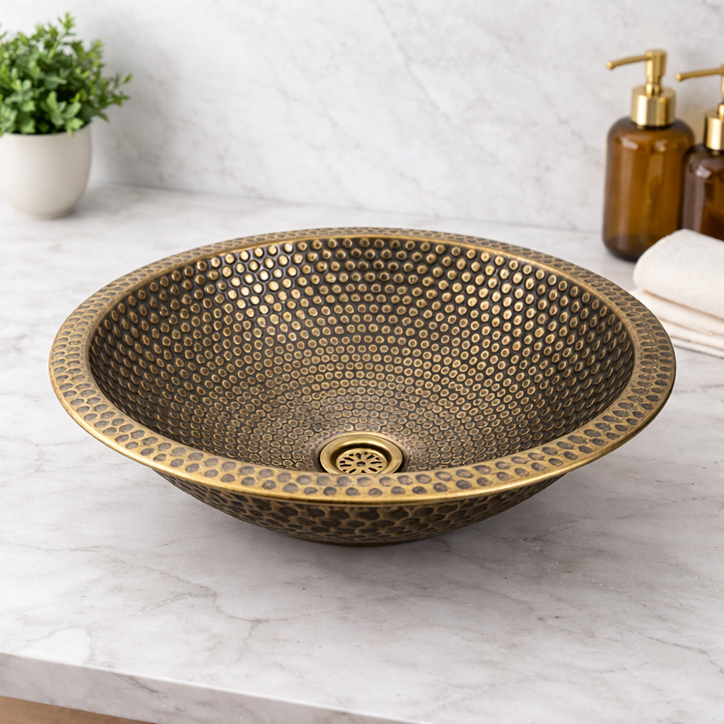 Handgefertigtes marokkanisches Aufsatzwaschbecken aus gehämmertem Messing mit passendem Abfluss – Rund, Antikmessing