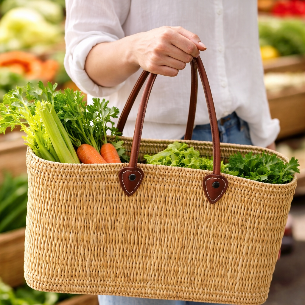Handgefertigter marokkanischer Marktkorb mit Ledergriffen – Authentische Strandtasche aus Palmblattstroh
