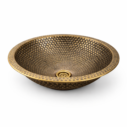 Handgefertigtes marokkanisches Aufsatzwaschbecken aus gehämmertem Messing mit passendem Abfluss – Rund, Antikmessing