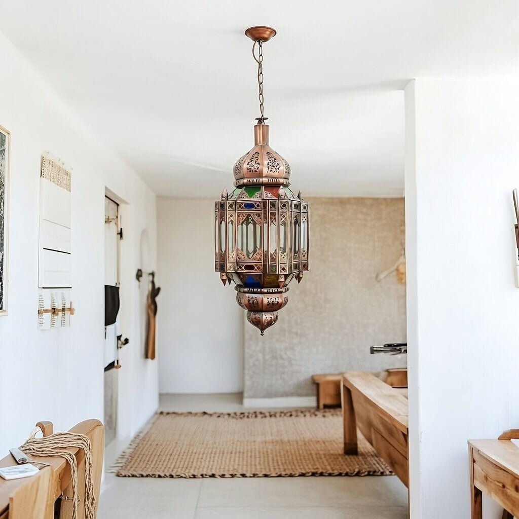 Handcrafted Moroccan Pendant Light - Multicolored Glass Hanging Lantern Brass Boho Ceiling Lamp