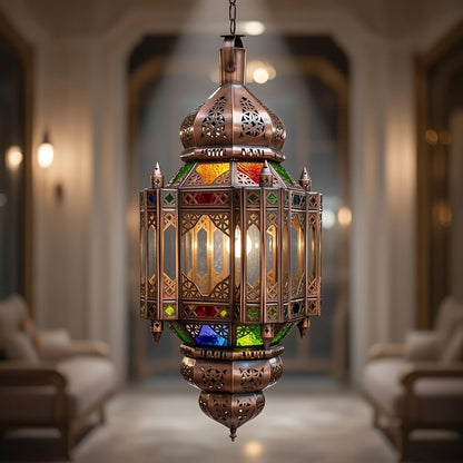 Handcrafted Moroccan Pendant Light - Multicolored Glass Hanging Lantern Brass Boho Ceiling Lamp