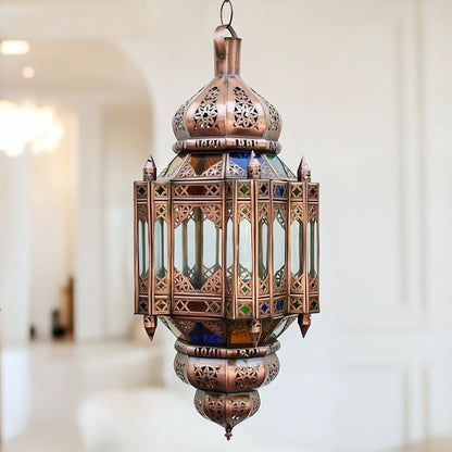 Handcrafted Moroccan Pendant Light - Multicolored Glass Hanging Lantern Brass Boho Ceiling Lamp