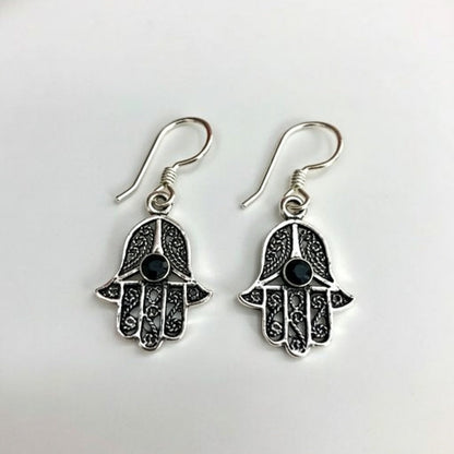 Handgefertigte marokkanische Tuareg-Silberohrringe – Graviertes Fatima-Hand-Hamsa-Schutzsymbol – Böhmischer Stammesschmuck